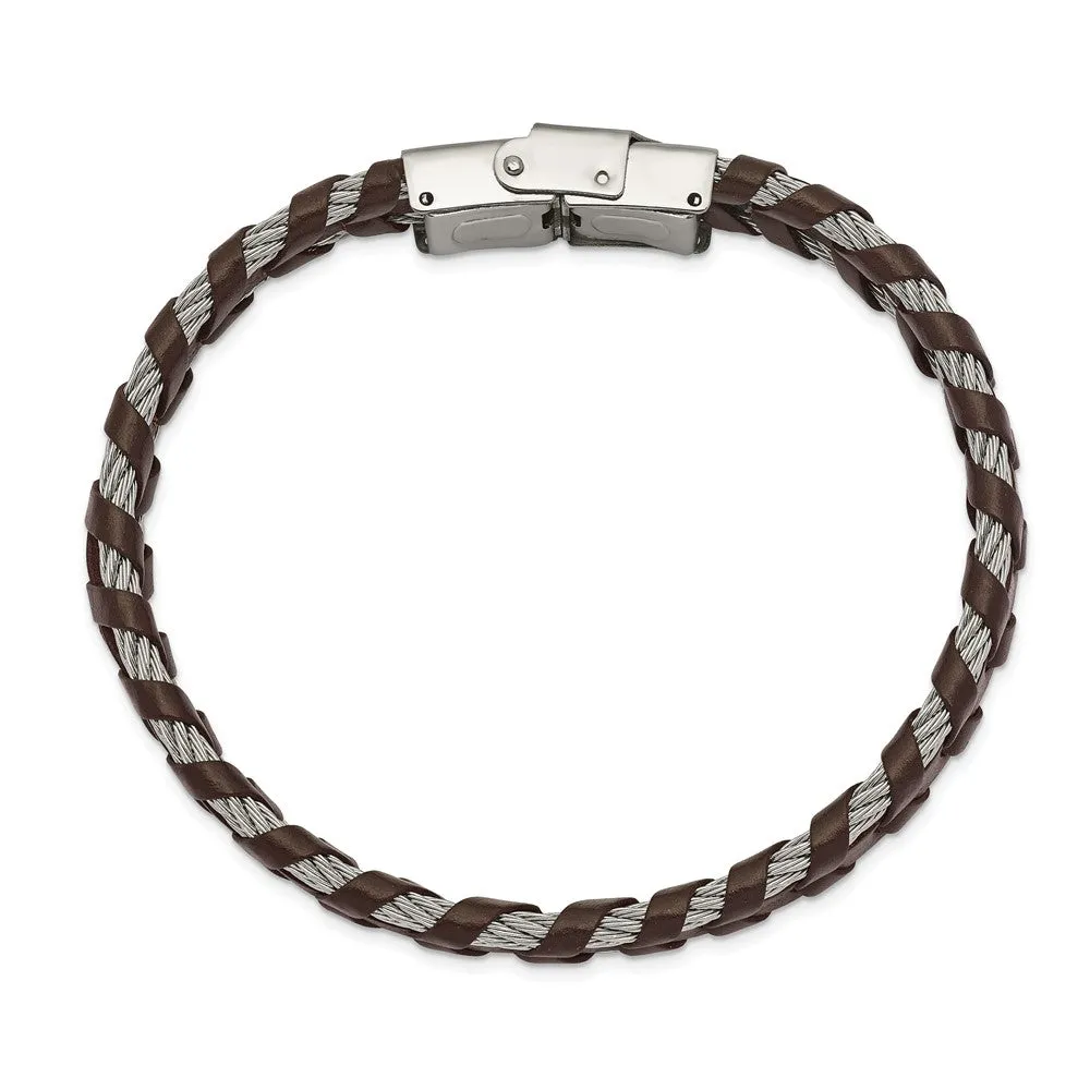 12.5mm Stainless Steel Cable & Black or Brown Leather Bracelet, 8.25in