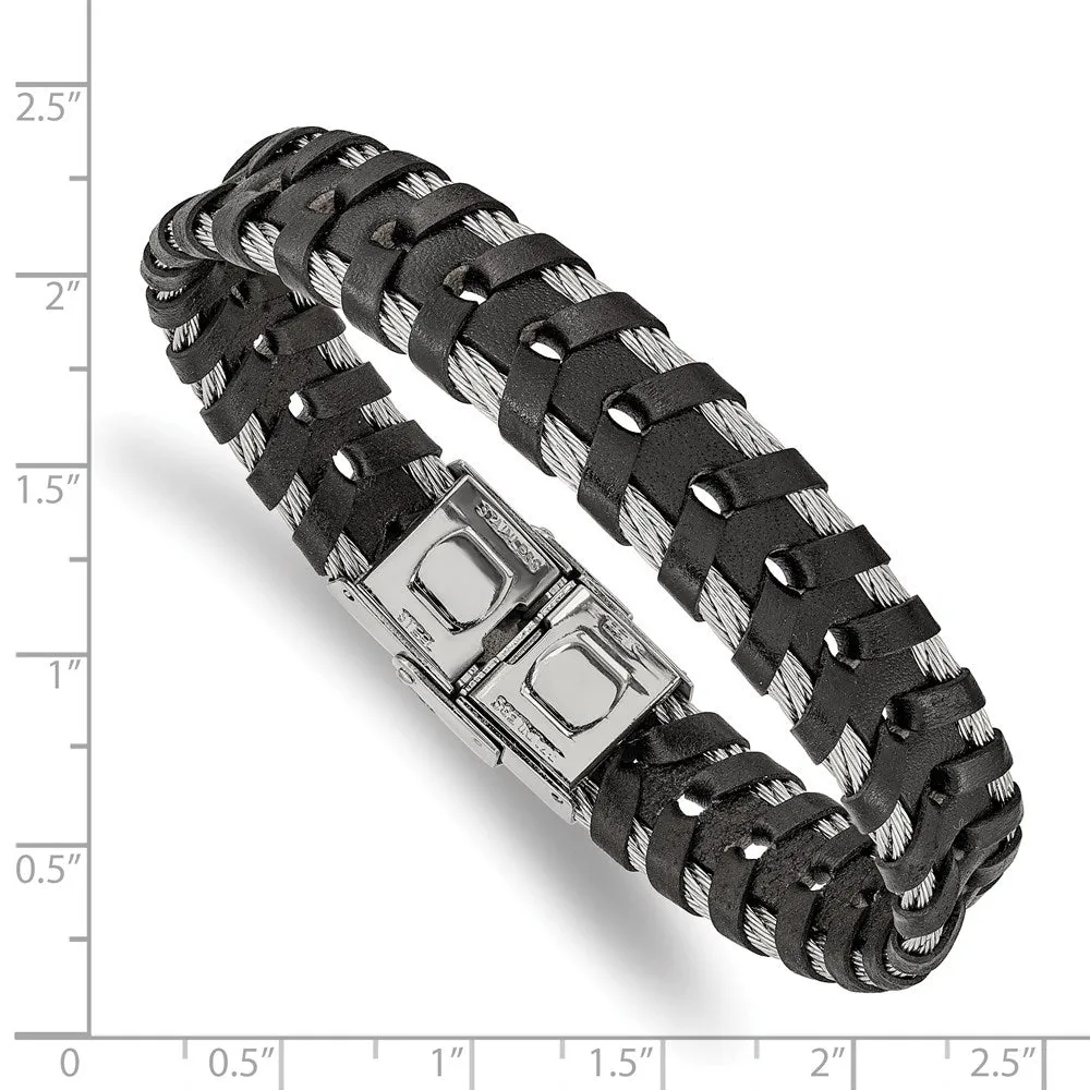 12.5mm Stainless Steel Cable & Black or Brown Leather Bracelet, 8.25in