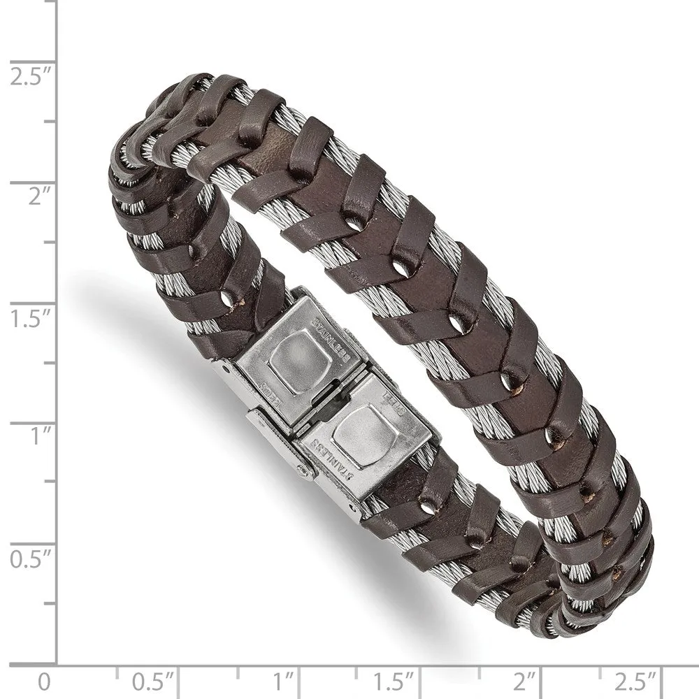 12.5mm Stainless Steel Cable & Black or Brown Leather Bracelet, 8.25in