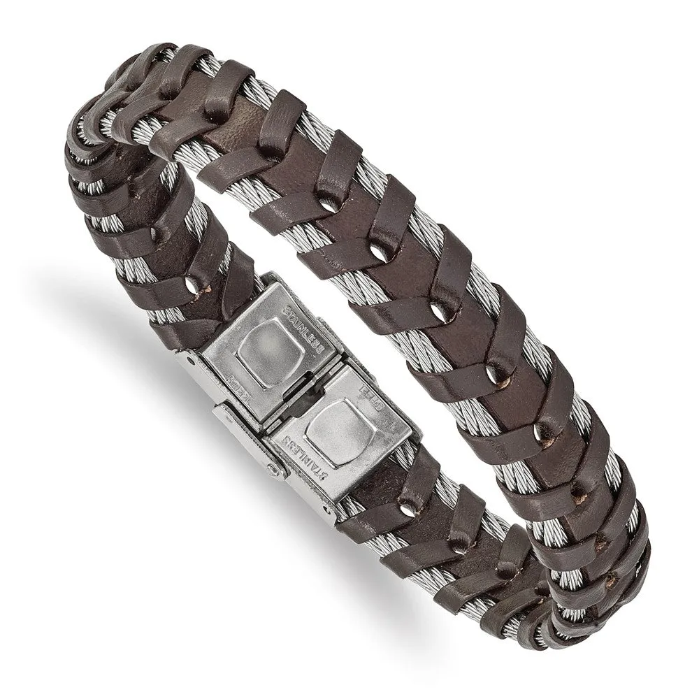 12.5mm Stainless Steel Cable & Black or Brown Leather Bracelet, 8.25in