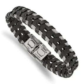 12.5mm Stainless Steel Cable & Black or Brown Leather Bracelet, 8.25in