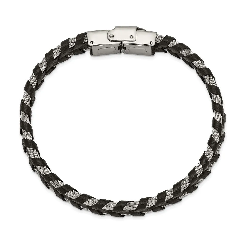 12.5mm Stainless Steel Cable & Black or Brown Leather Bracelet, 8.25in