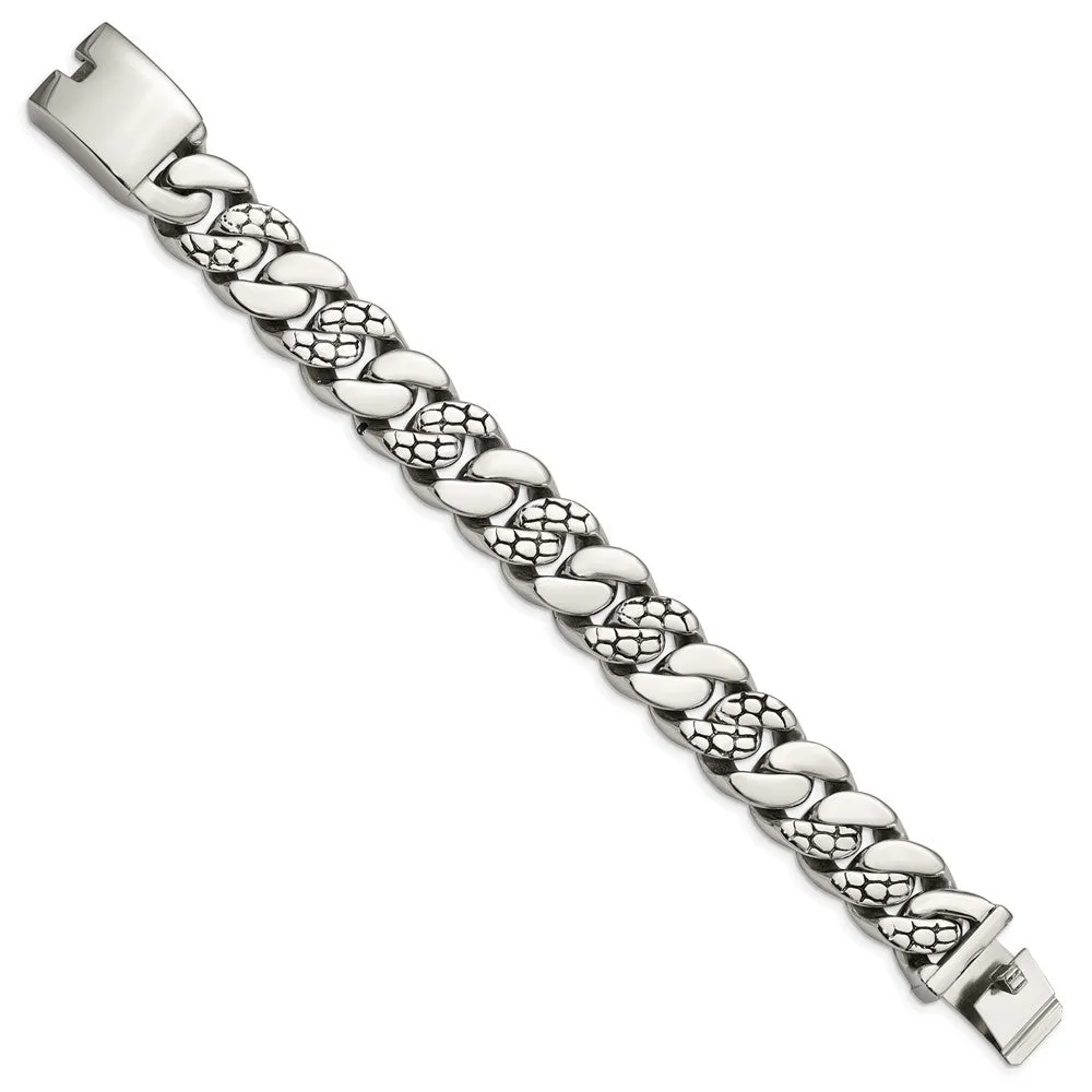 19mm Stainless Steel Polished and Textured Curb Chain Bracelet, 8.5 In