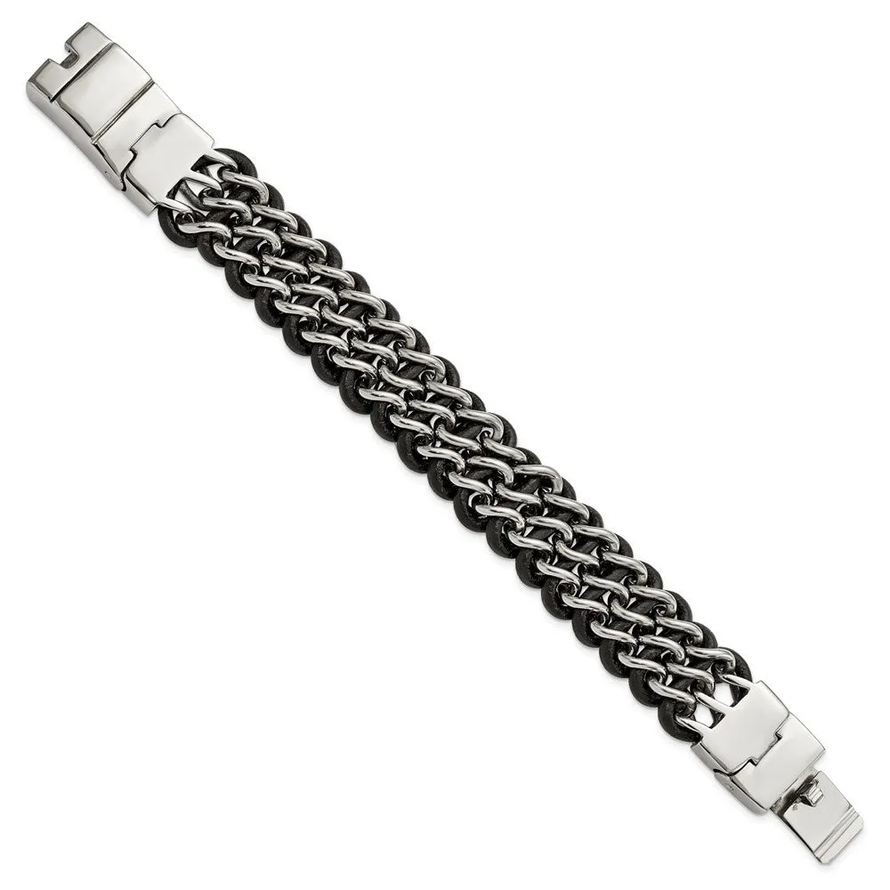 26mm Stainless Steel & Black Leather Triple Row Bracelet, 8.75 Inch