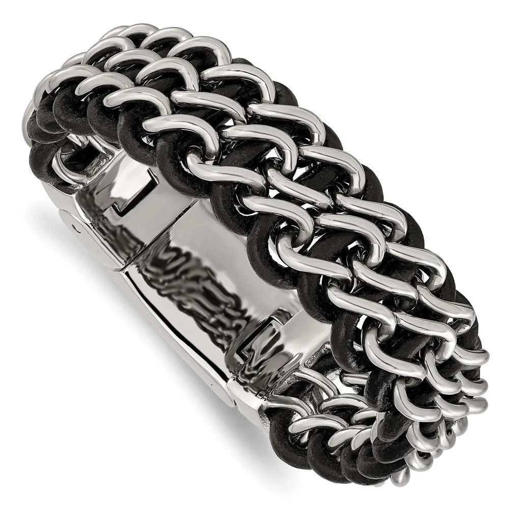 26mm Stainless Steel & Black Leather Triple Row Bracelet, 8.75 Inch