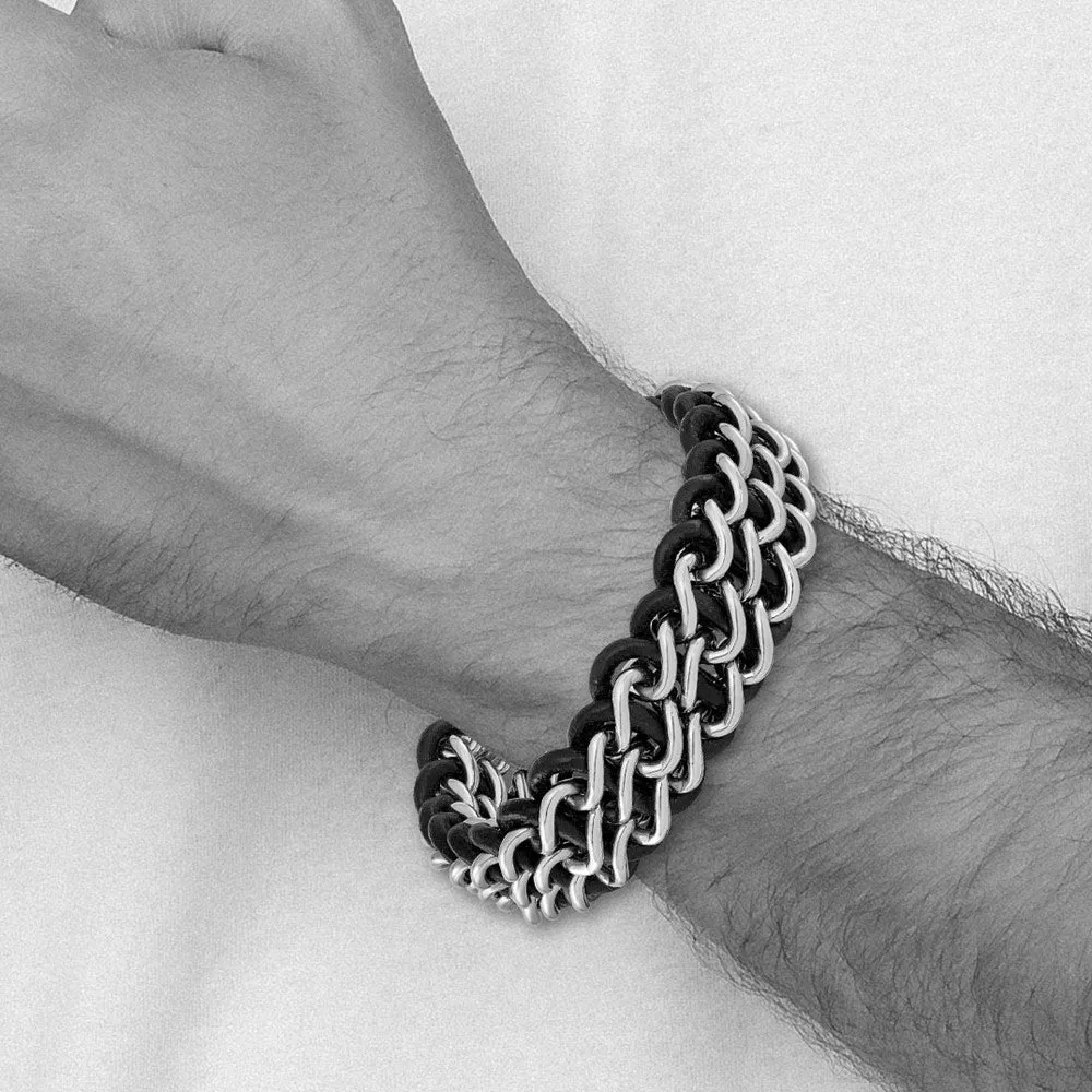 26mm Stainless Steel & Black Leather Triple Row Bracelet, 8.75 Inch