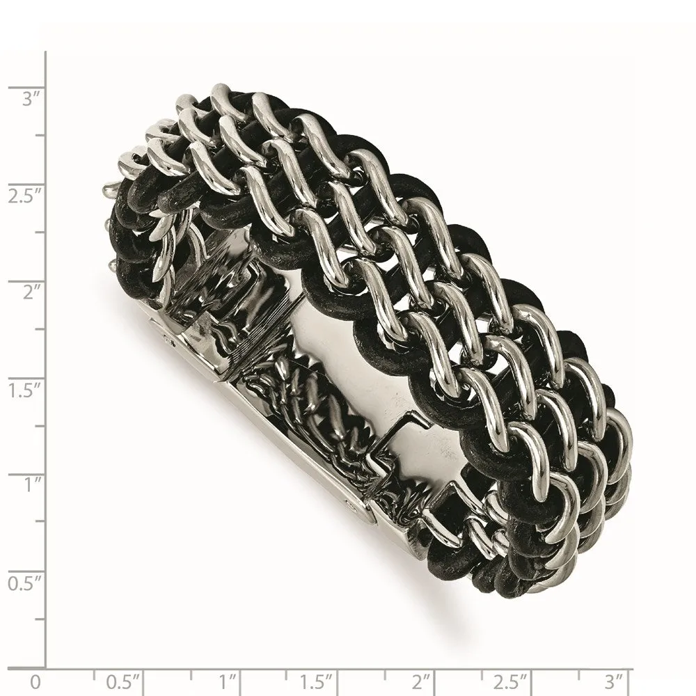 26mm Stainless Steel & Black Leather Triple Row Bracelet, 8.75 Inch