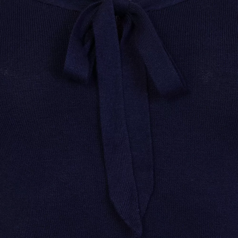 3/4 Sleeve Midnight Blue Stretch Bardot Bow Top Jumper