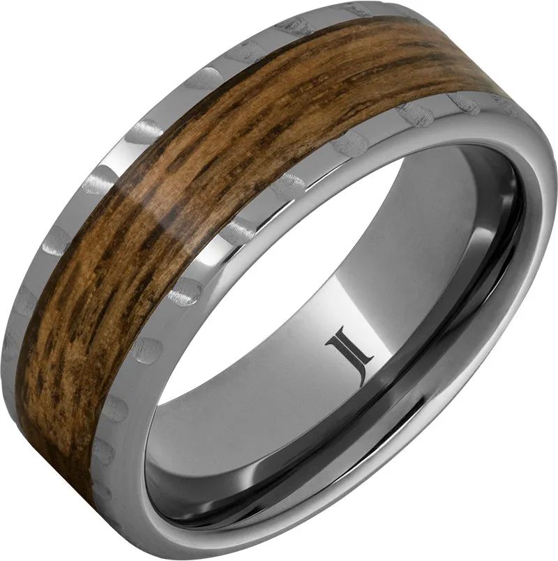 Barrel Aged Rugged Tungsten Ring with Bourbon Wood Inlay and Scored Edge