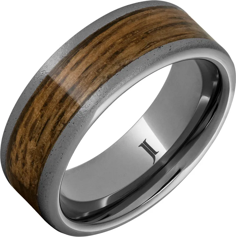 Barrel Aged Rugged Tungsten Ring with Bourbon Wood Inlay and Stone Finish