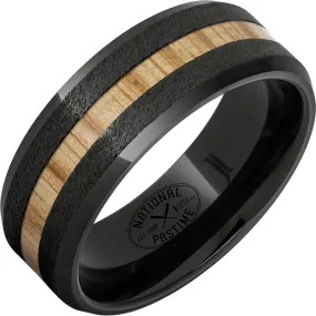 Black Diamond Ceramic Ring with Vintage White Ash Baseball Bat Wood Inlay and Grain Finish