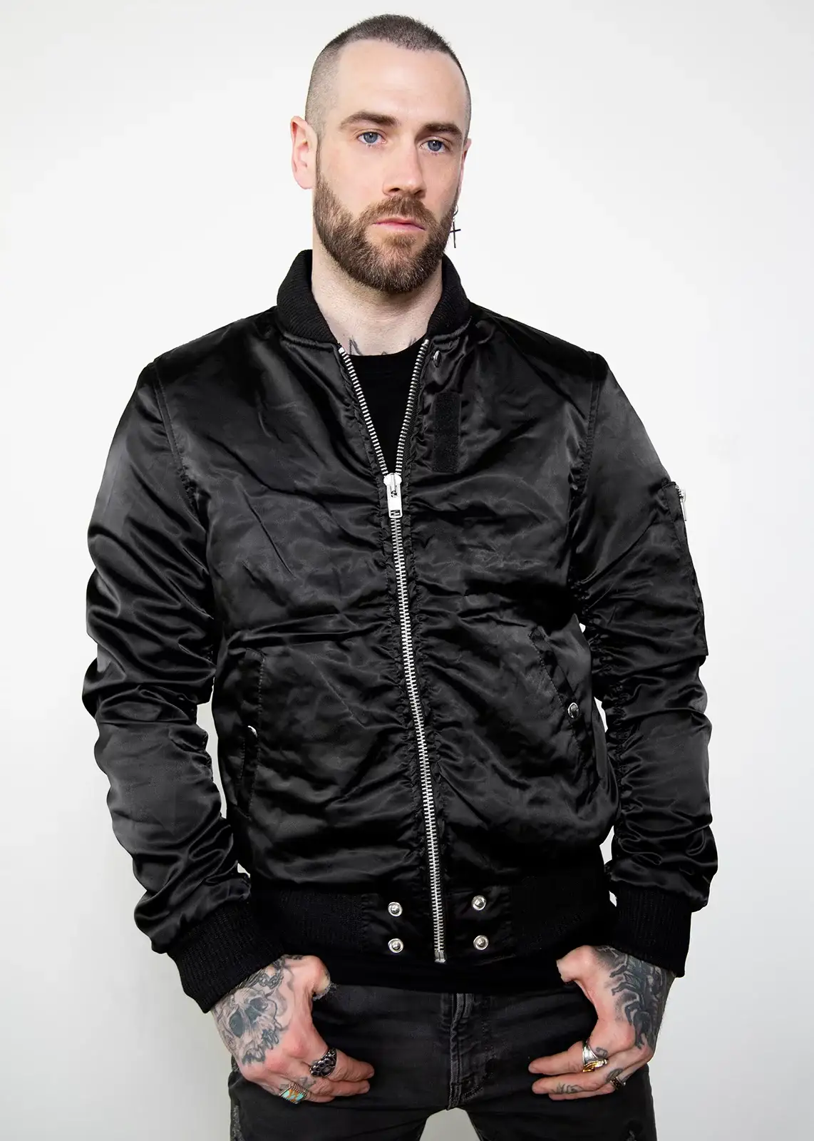 Buy Mens Black Satin Flight Bomber Jacket with Rushed Sleeves