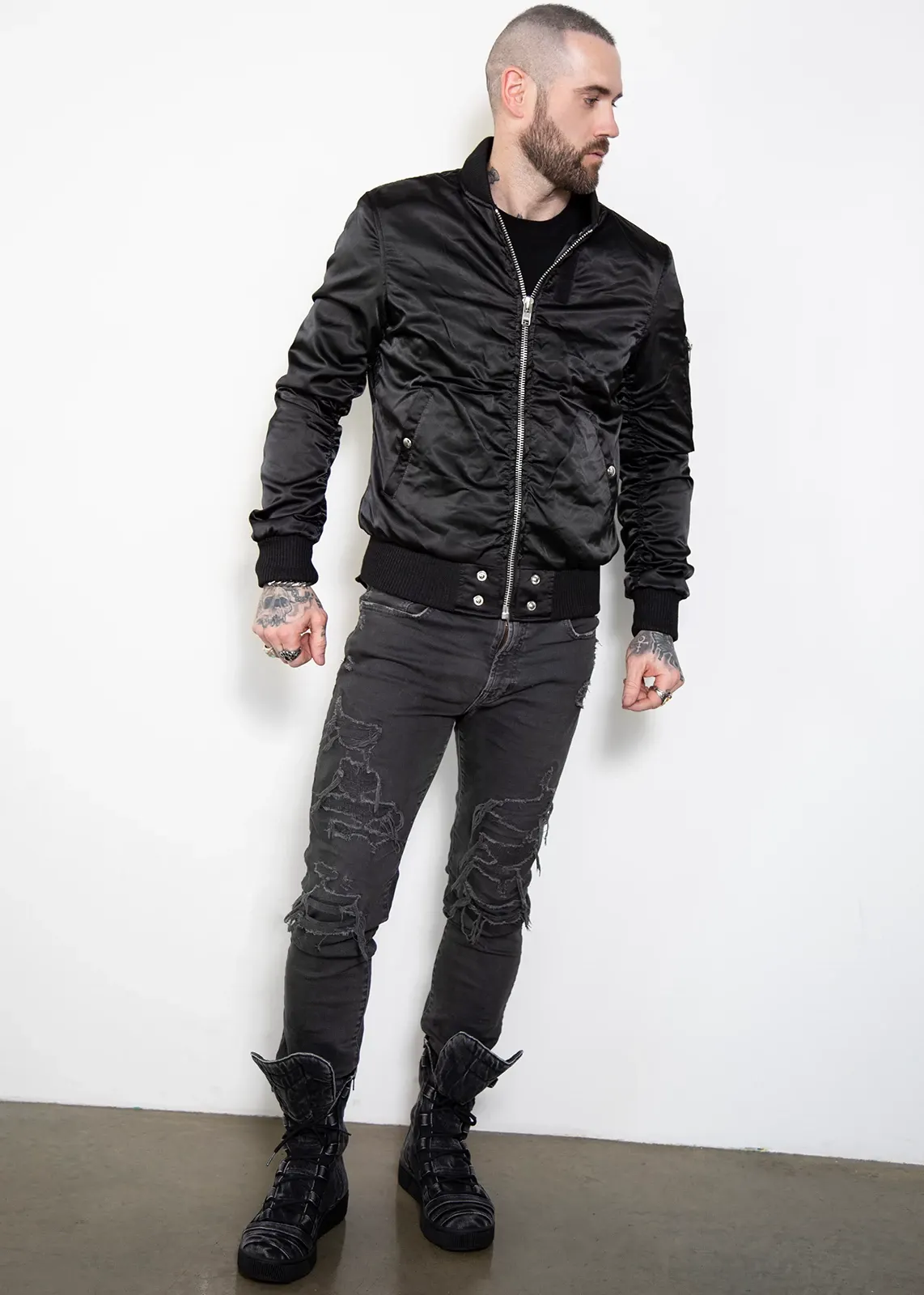 Buy Mens Black Satin Flight Bomber Jacket with Rushed Sleeves