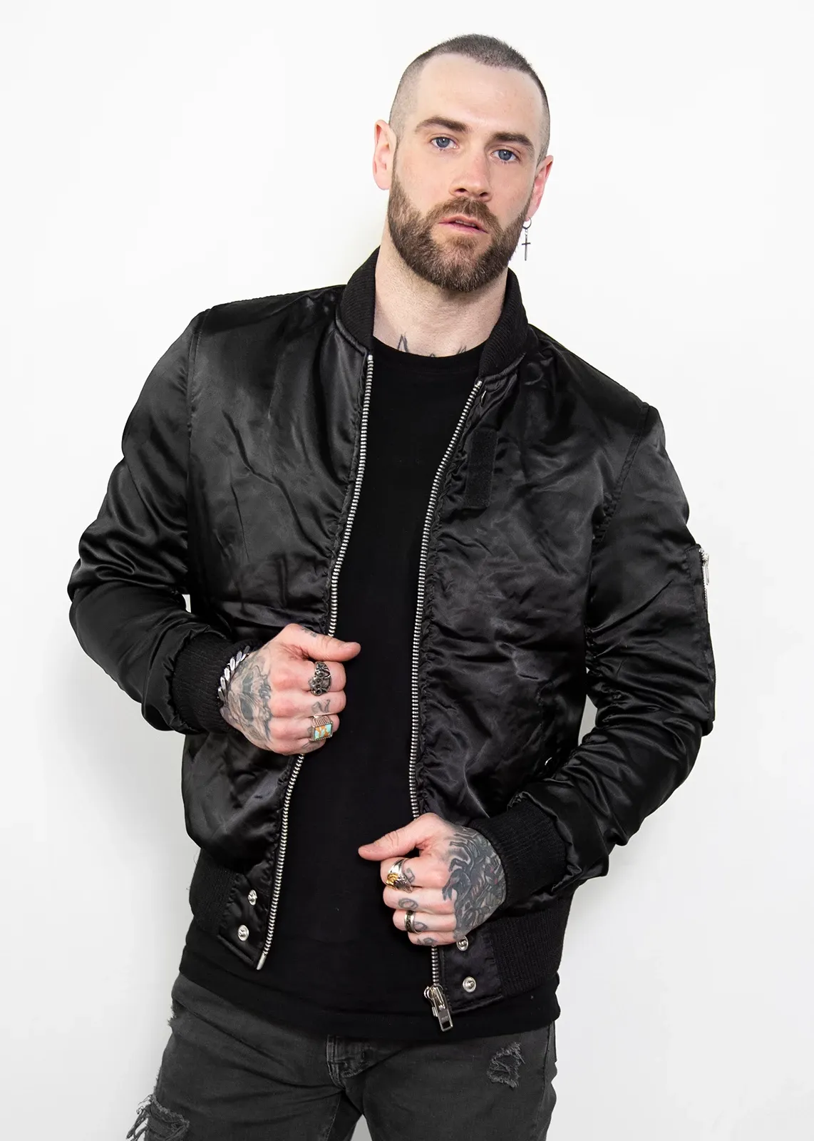 Buy Mens Black Satin Flight Bomber Jacket with Rushed Sleeves