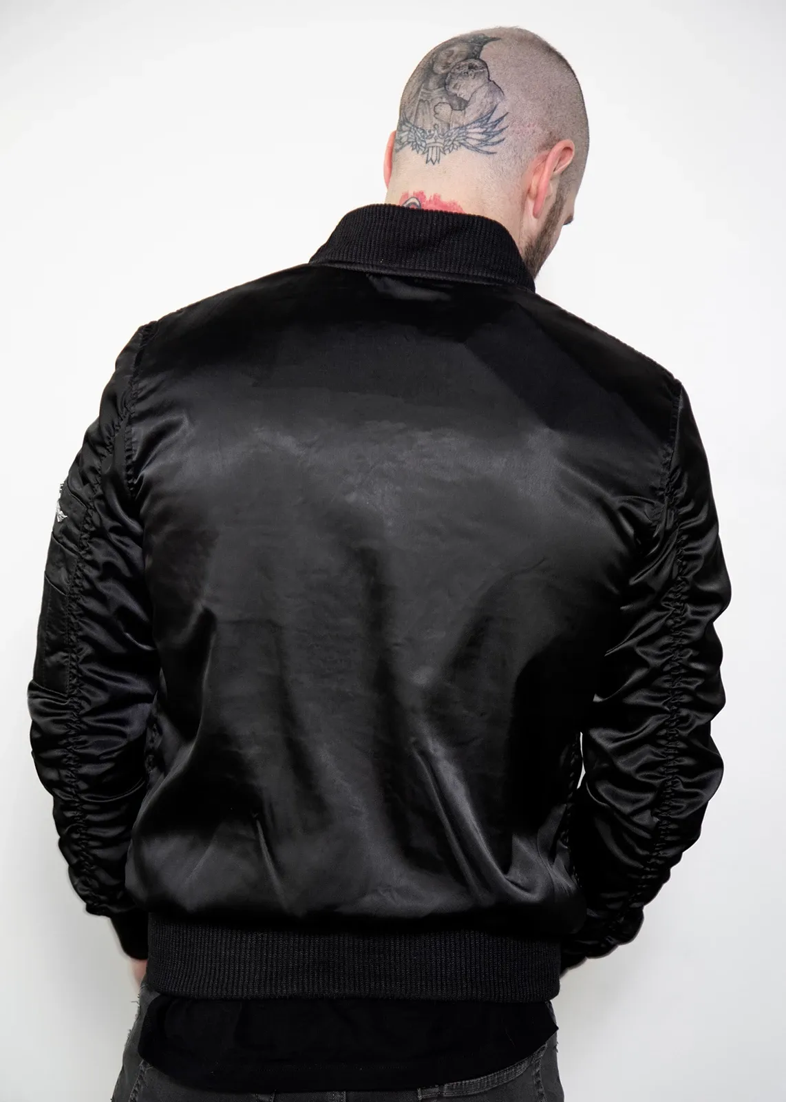 Buy Mens Black Satin Flight Bomber Jacket with Rushed Sleeves