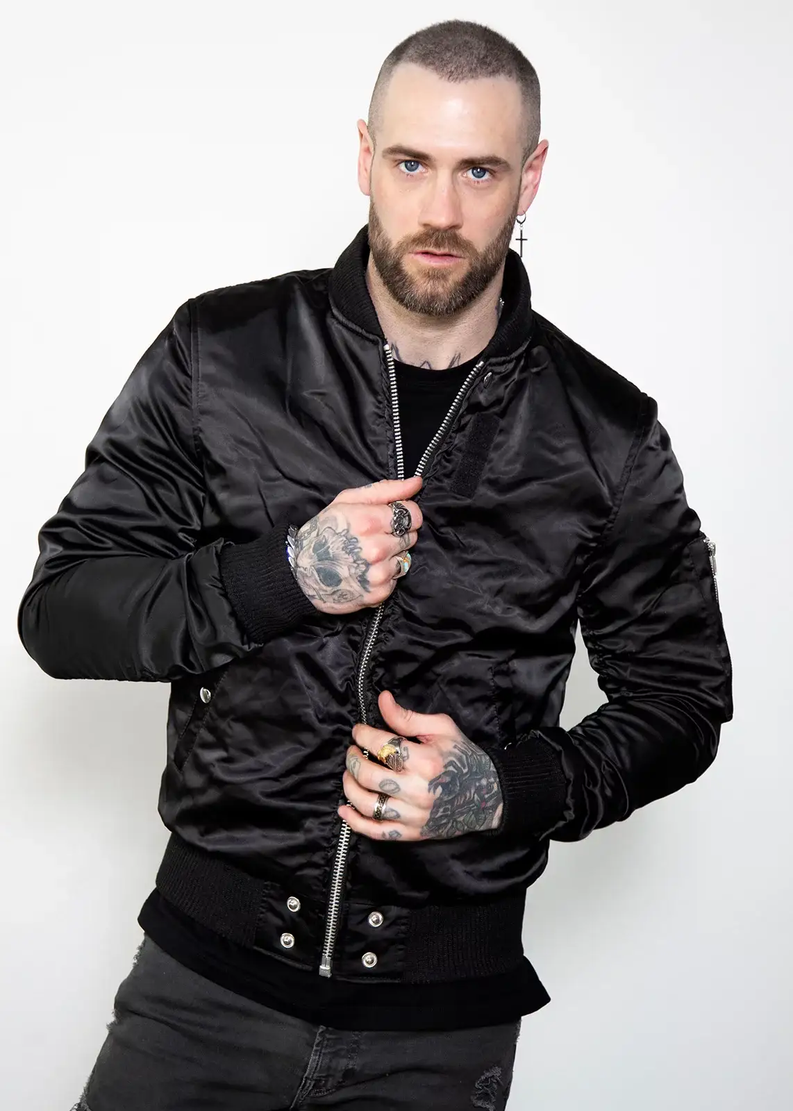 Buy Mens Black Satin Flight Bomber Jacket with Rushed Sleeves