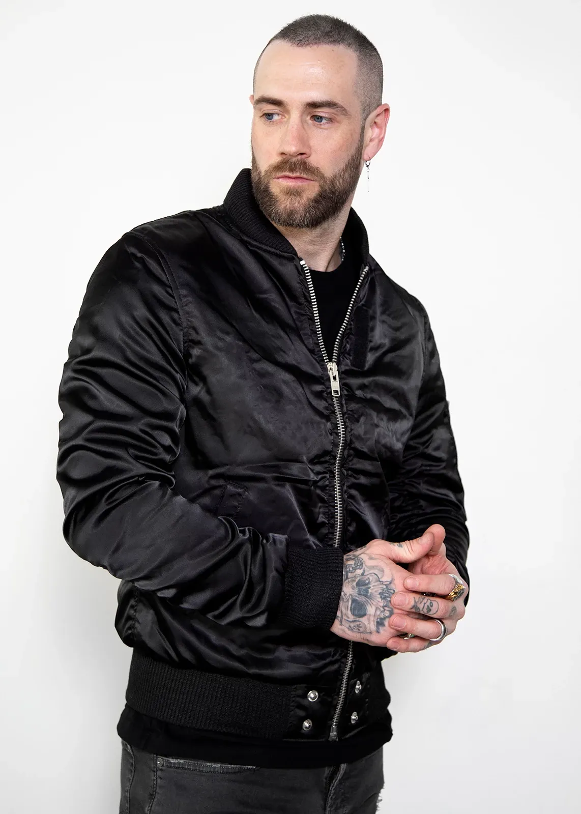 Buy Mens Black Satin Flight Bomber Jacket with Rushed Sleeves