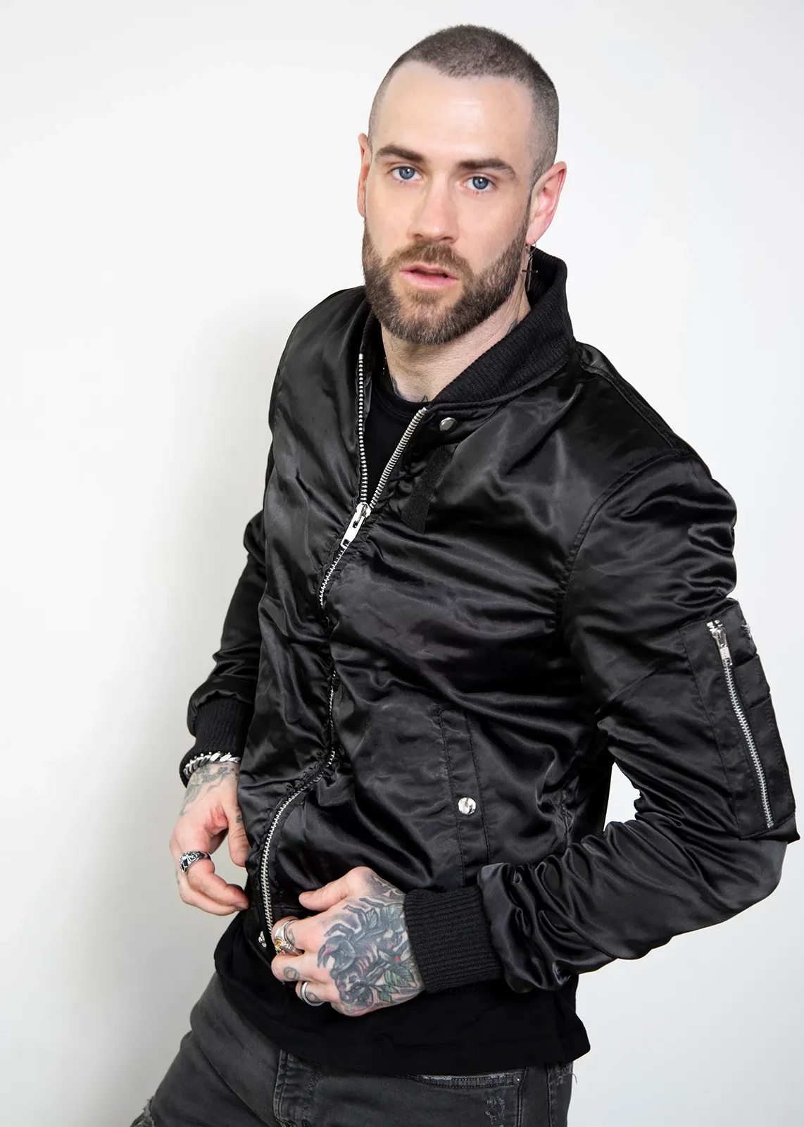 Buy Mens Black Satin Flight Bomber Jacket with Rushed Sleeves