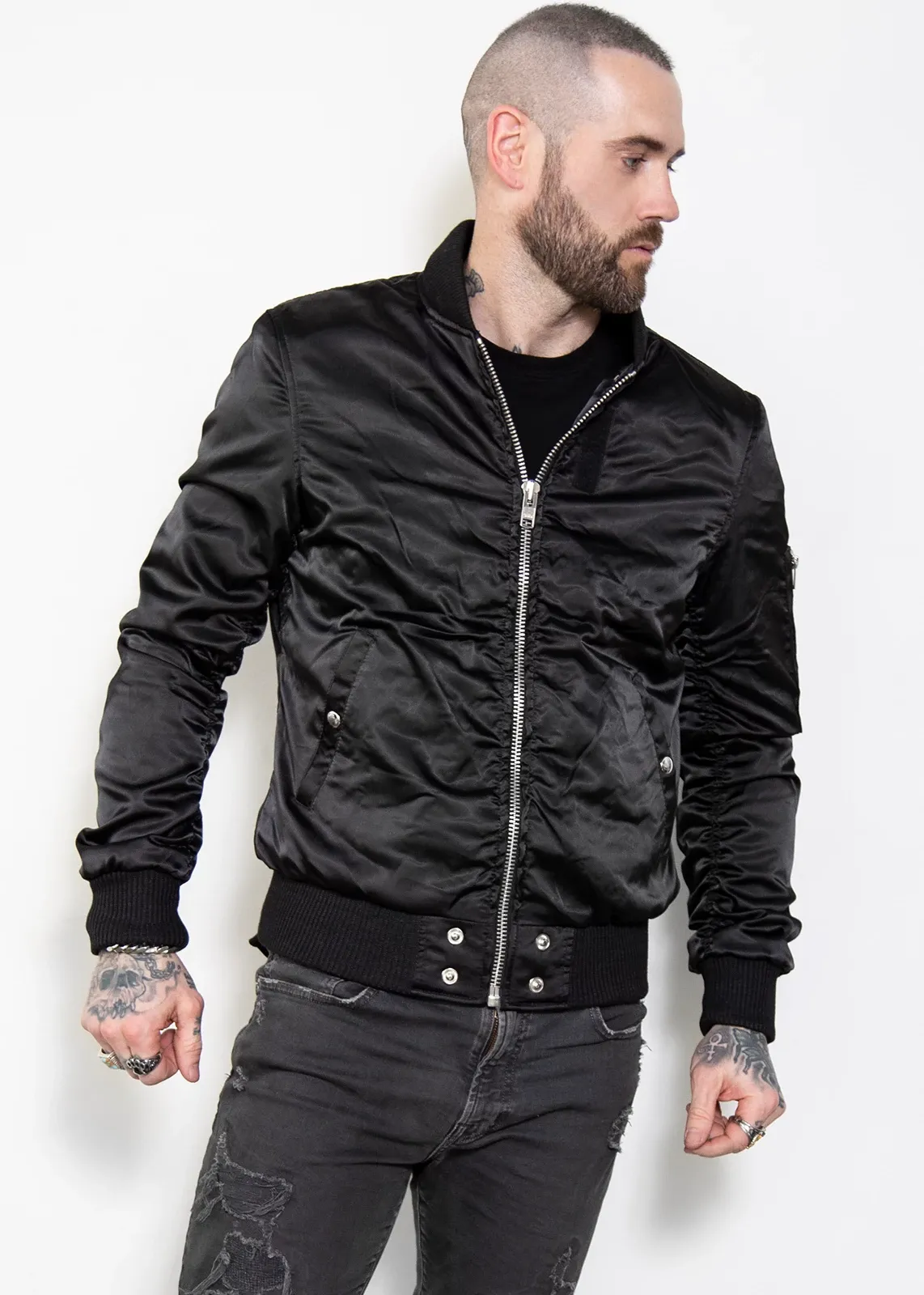 Buy Mens Black Satin Flight Bomber Jacket with Rushed Sleeves