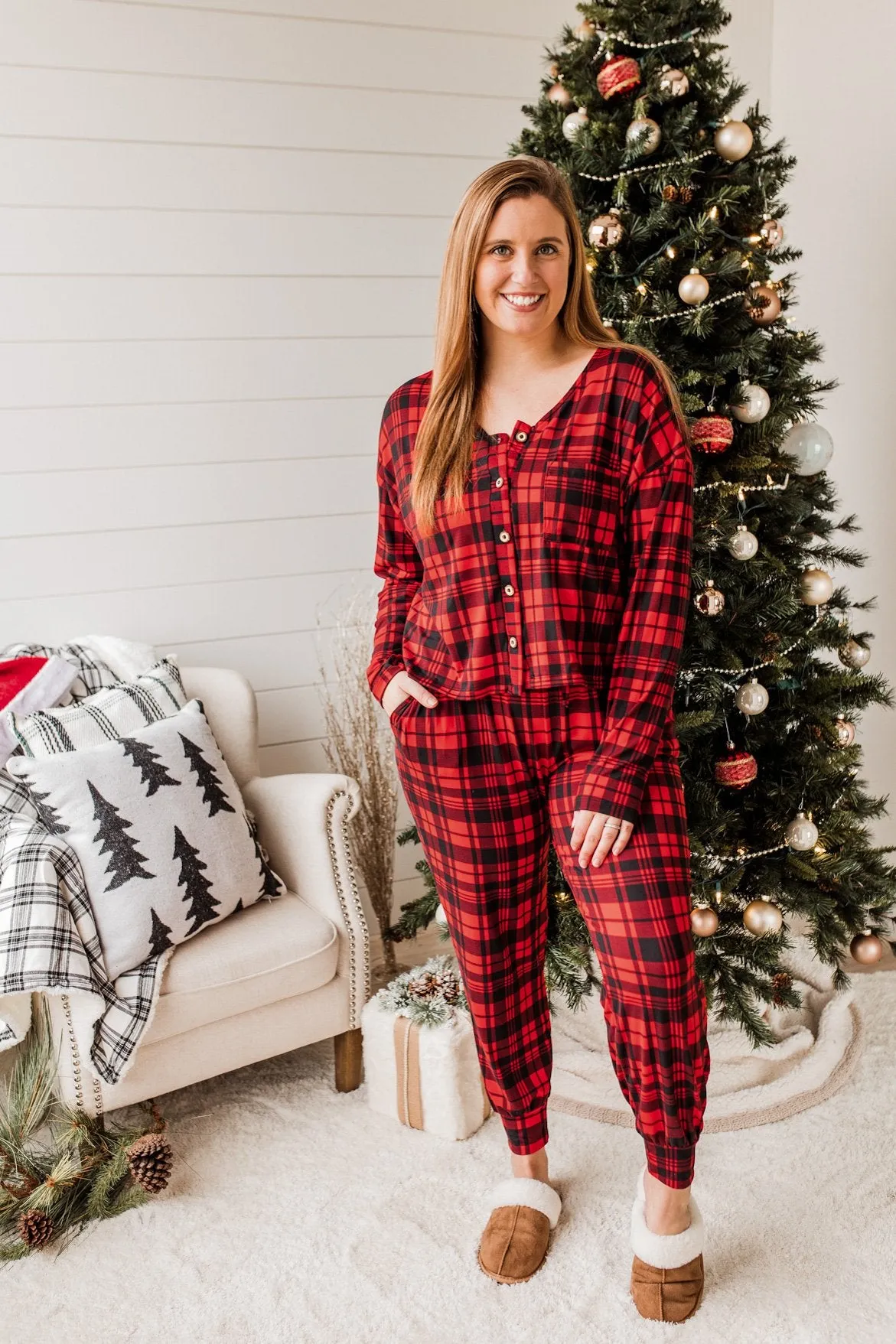 Chasing Snowflakes Plaid Lounge Bottoms- Red & Black