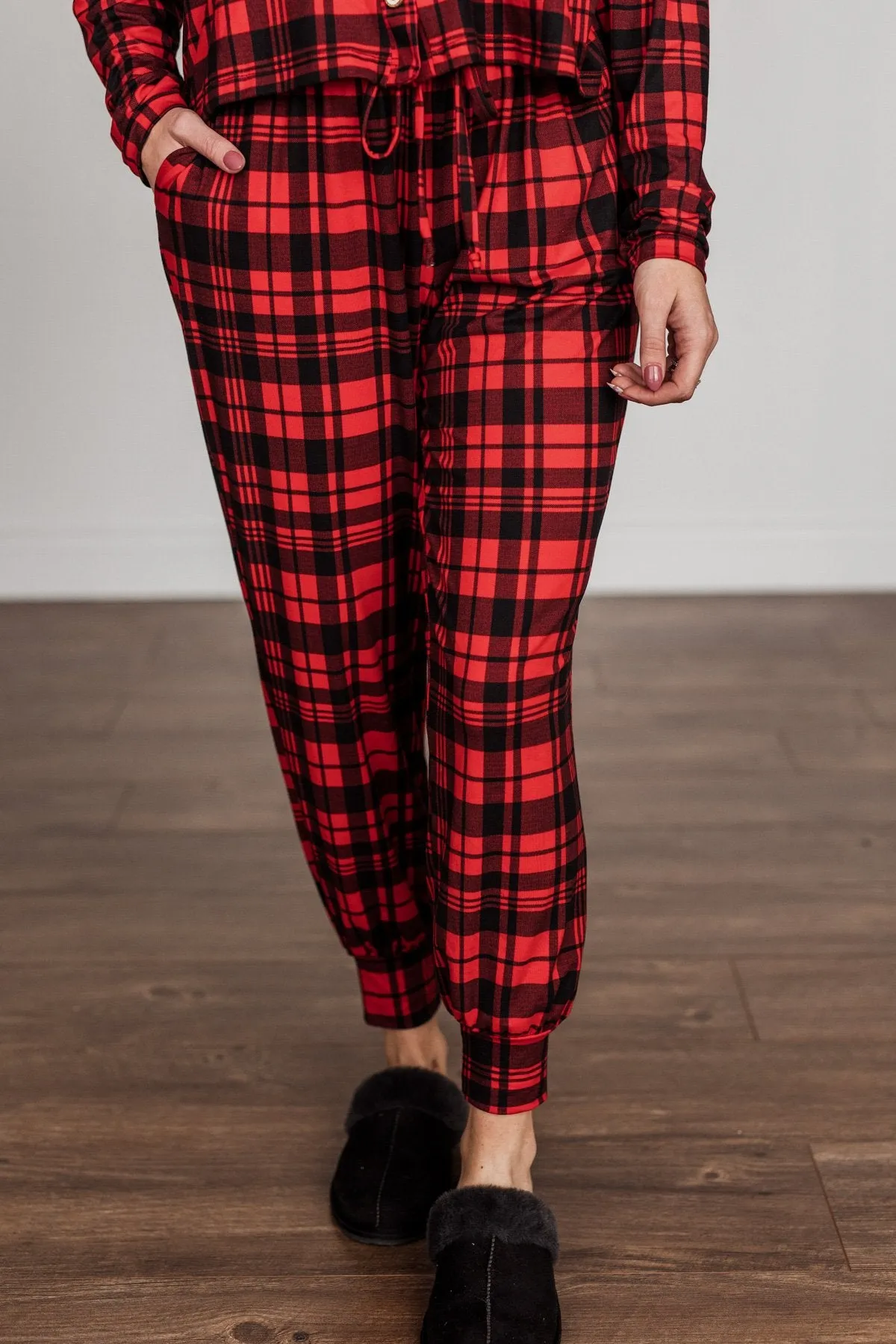 Chasing Snowflakes Plaid Lounge Bottoms- Red & Black