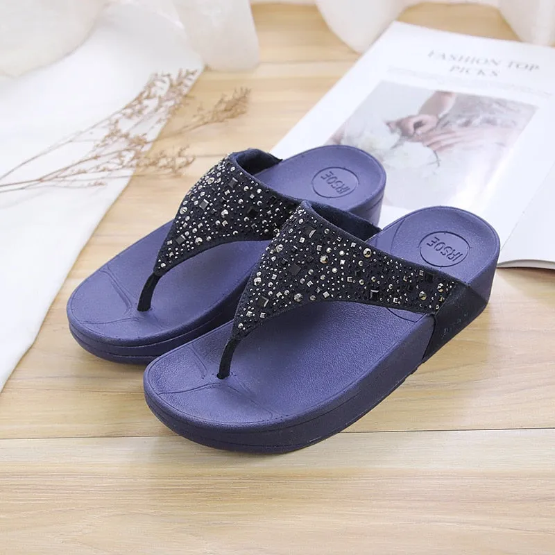 Deep Blue Summer Crystal Diamond Gem Flat Slippers for Women