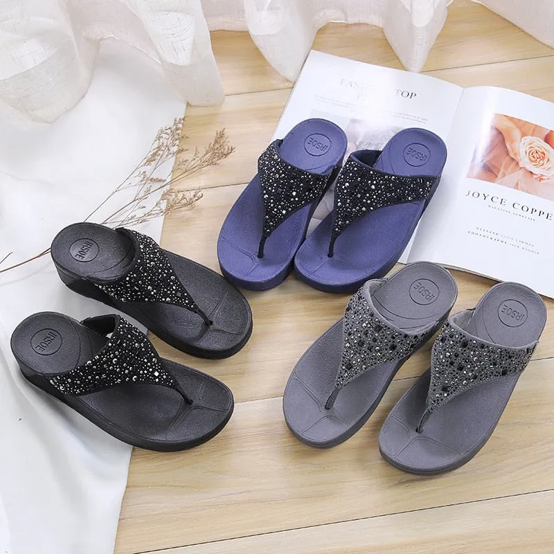 Deep Blue Summer Crystal Diamond Gem Flat Slippers for Women