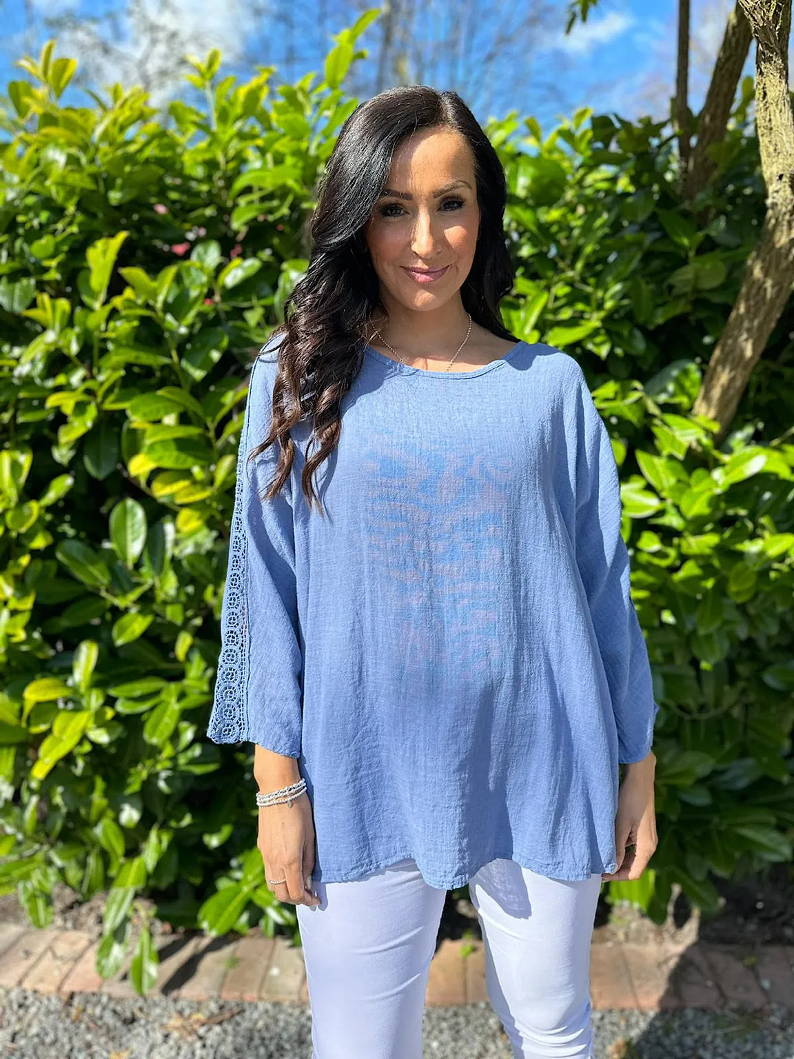 Denim Crochet Sleeve Lightweight Top Cleo