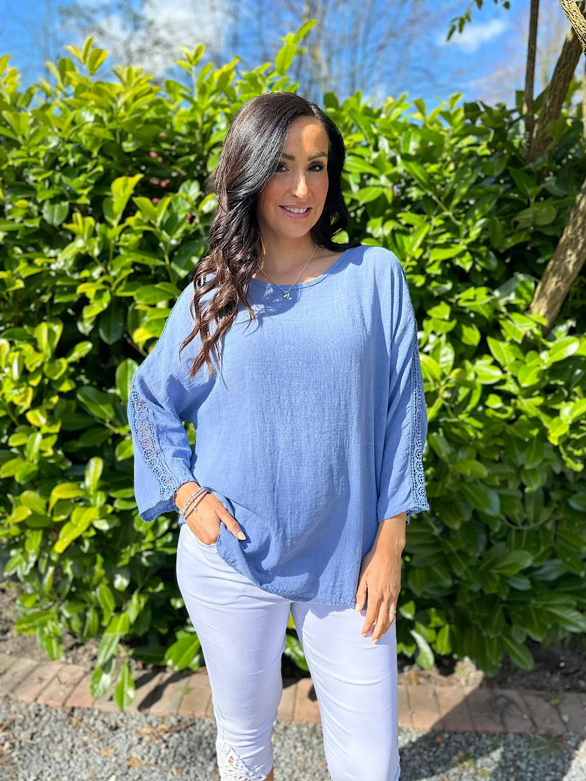 Denim Crochet Sleeve Lightweight Top Cleo