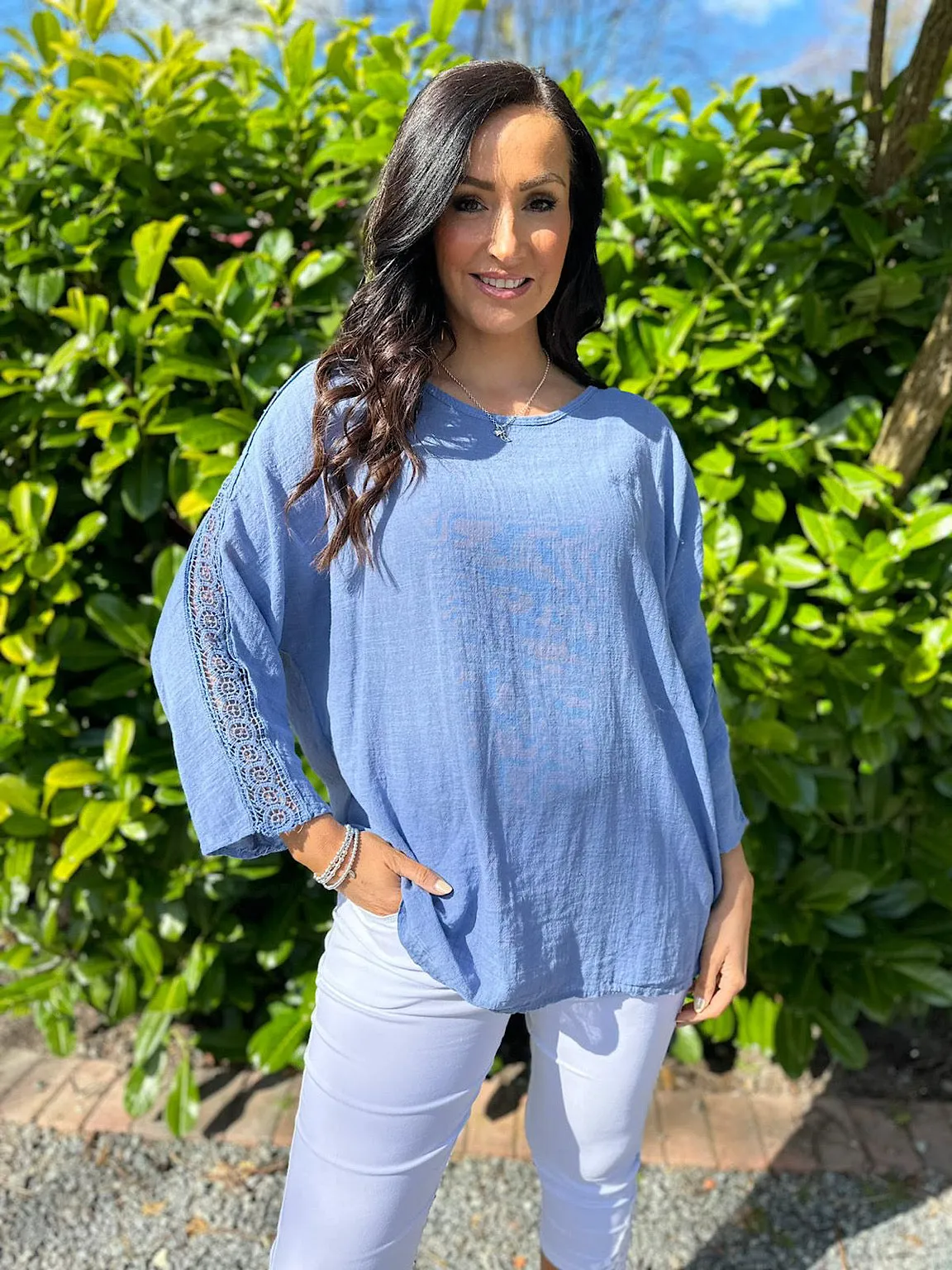 Denim Crochet Sleeve Lightweight Top Cleo