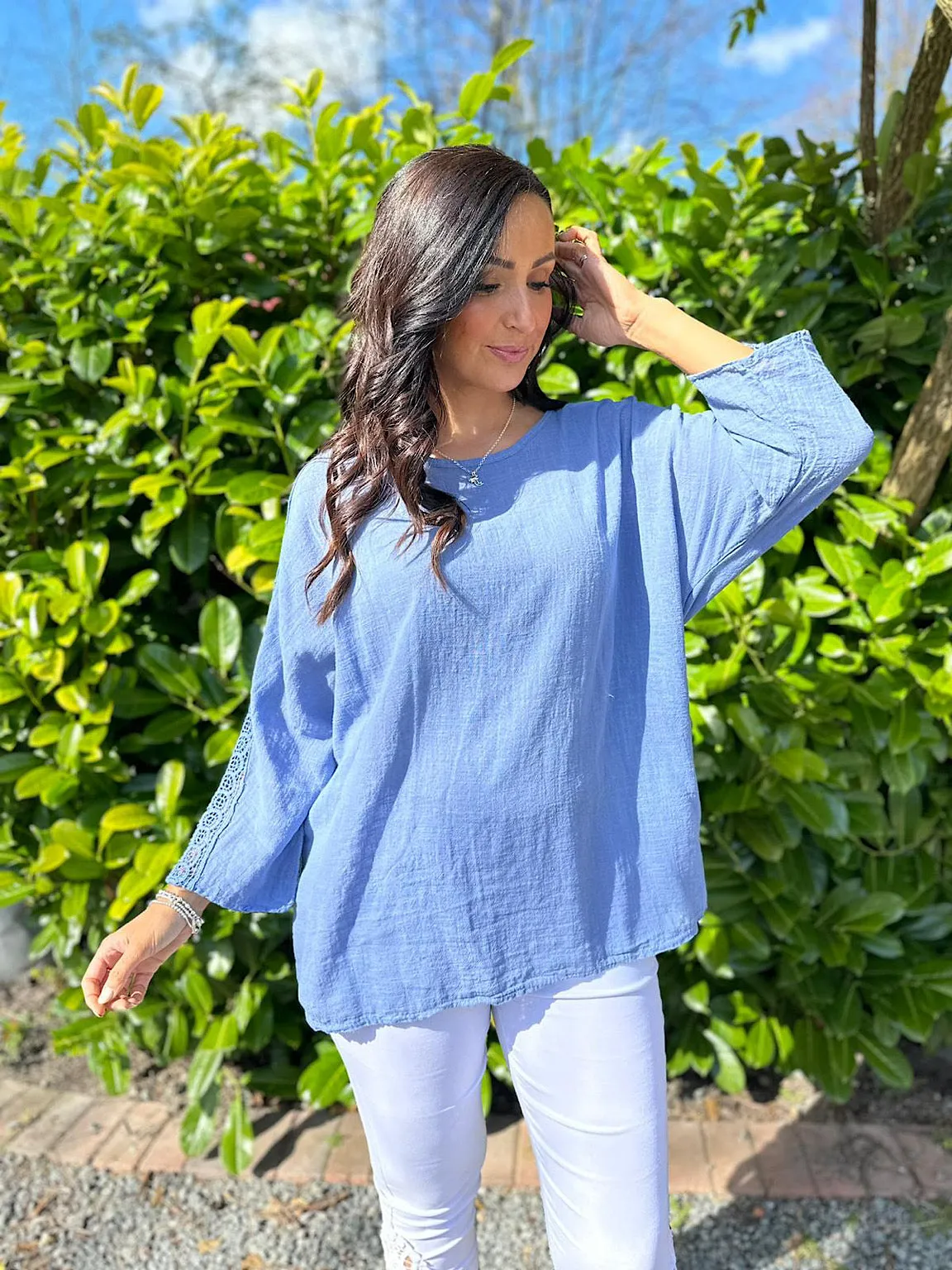 Denim Crochet Sleeve Lightweight Top Cleo