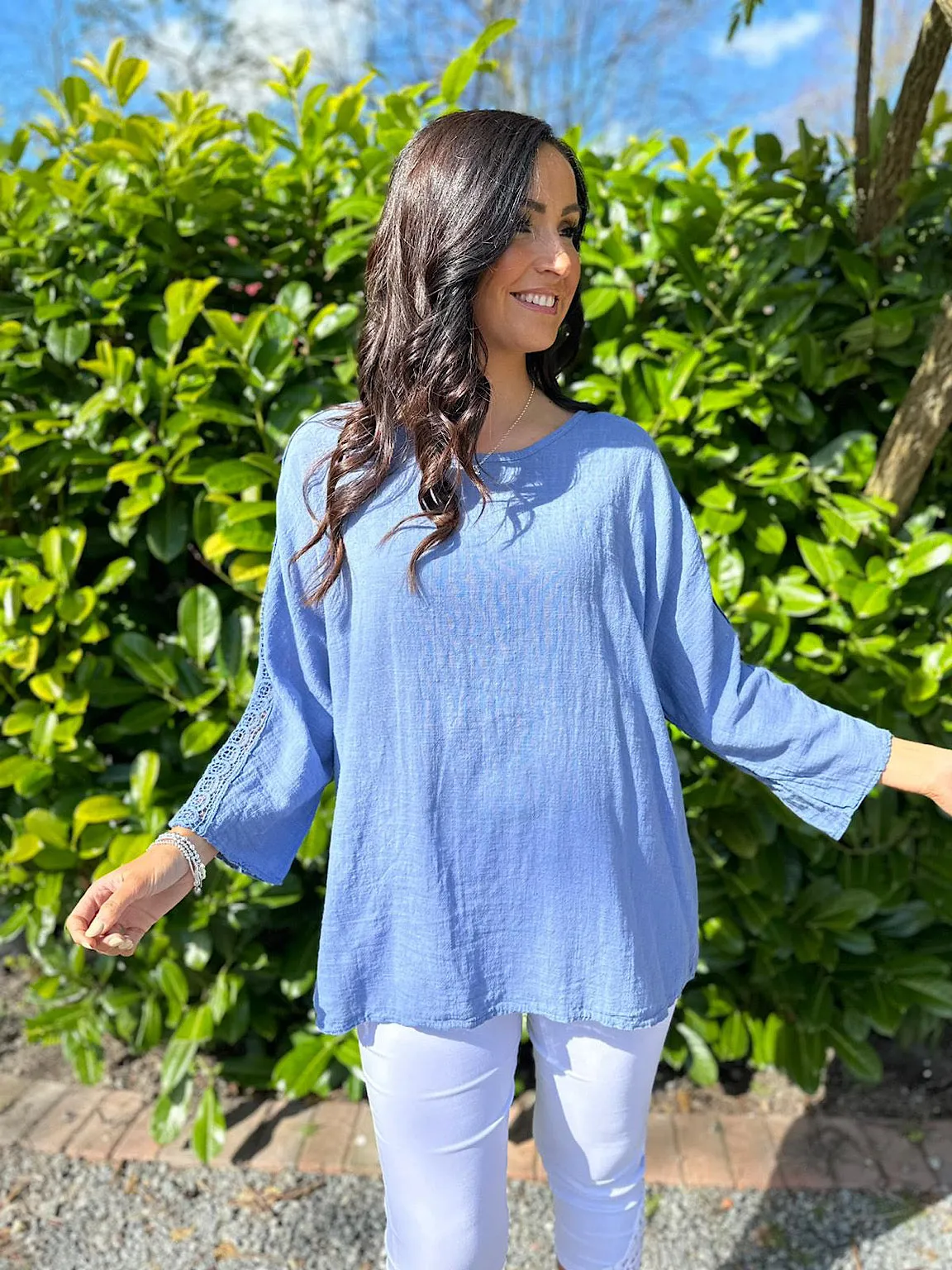 Denim Crochet Sleeve Lightweight Top Cleo