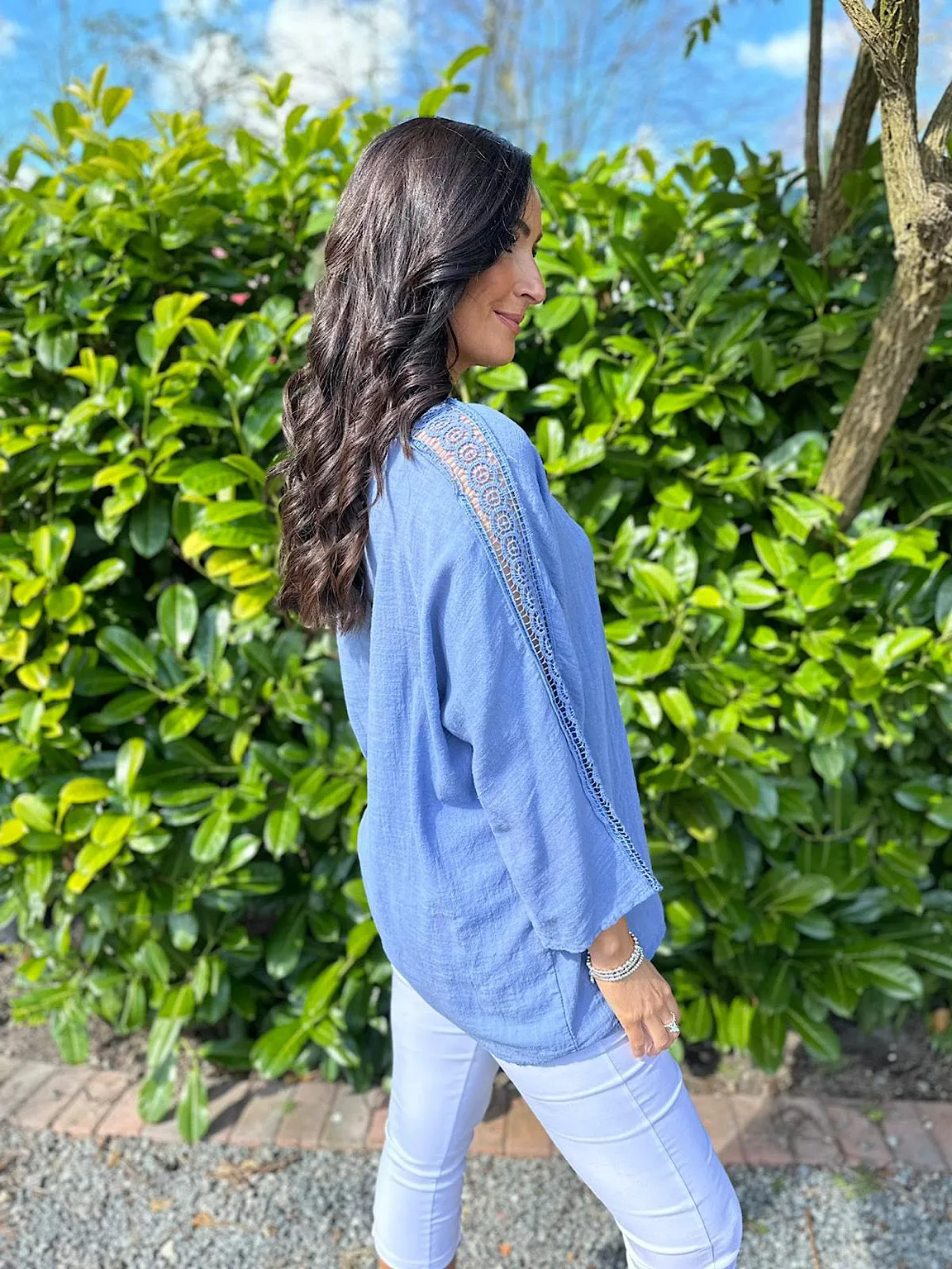 Denim Crochet Sleeve Lightweight Top Cleo