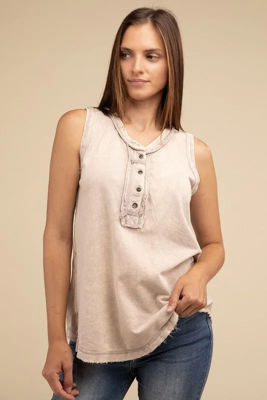 Everest Washed Half-Button Raw Edge Sleeveless Henley Top