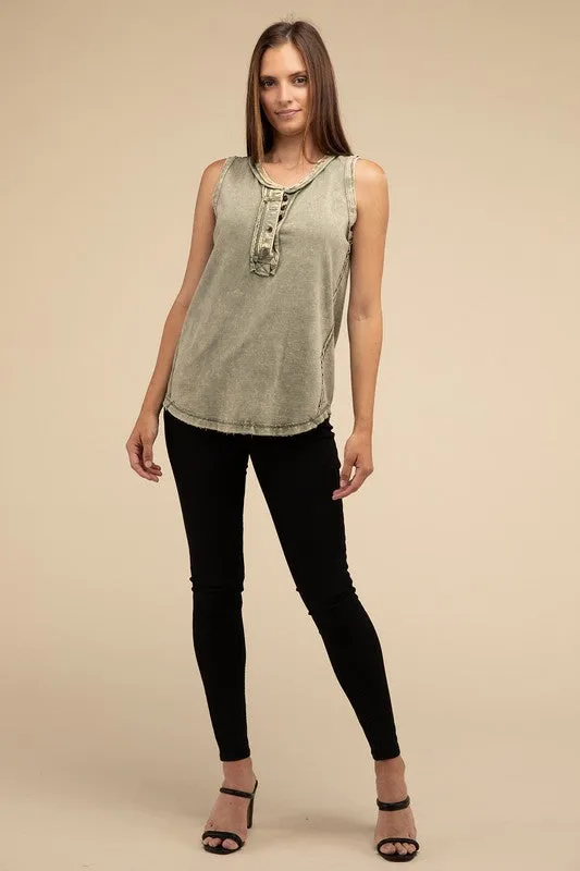 Everest Washed Half-Button Raw Edge Sleeveless Henley Top