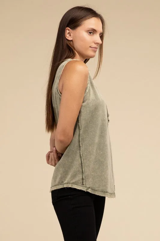 Everest Washed Half-Button Raw Edge Sleeveless Henley Top