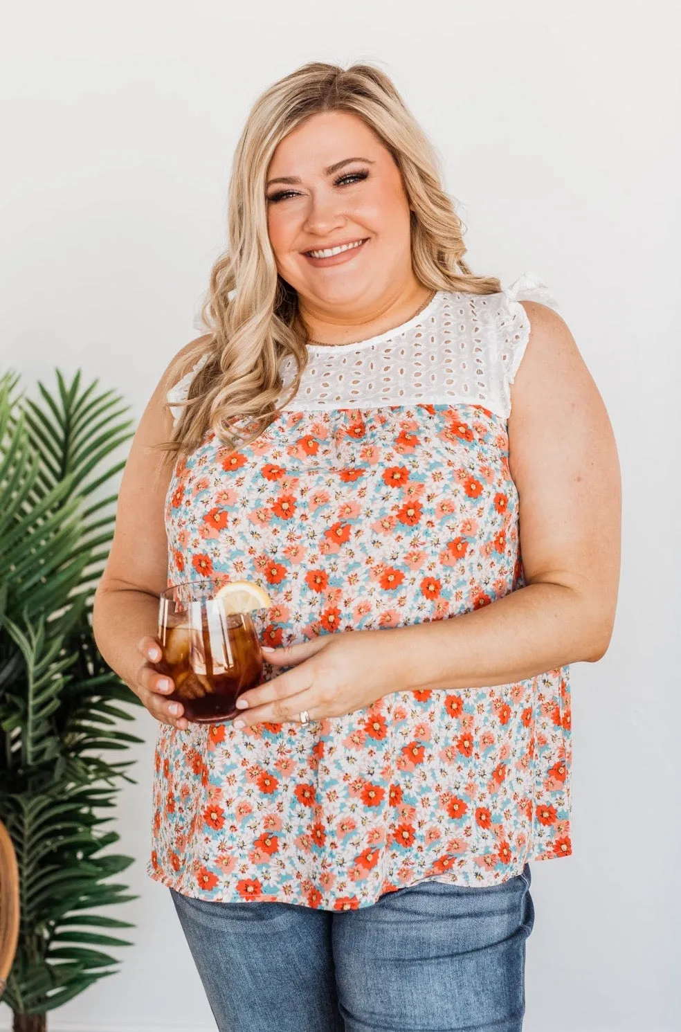 Fashionable In Floral Blouse Top- Coral & Ivory