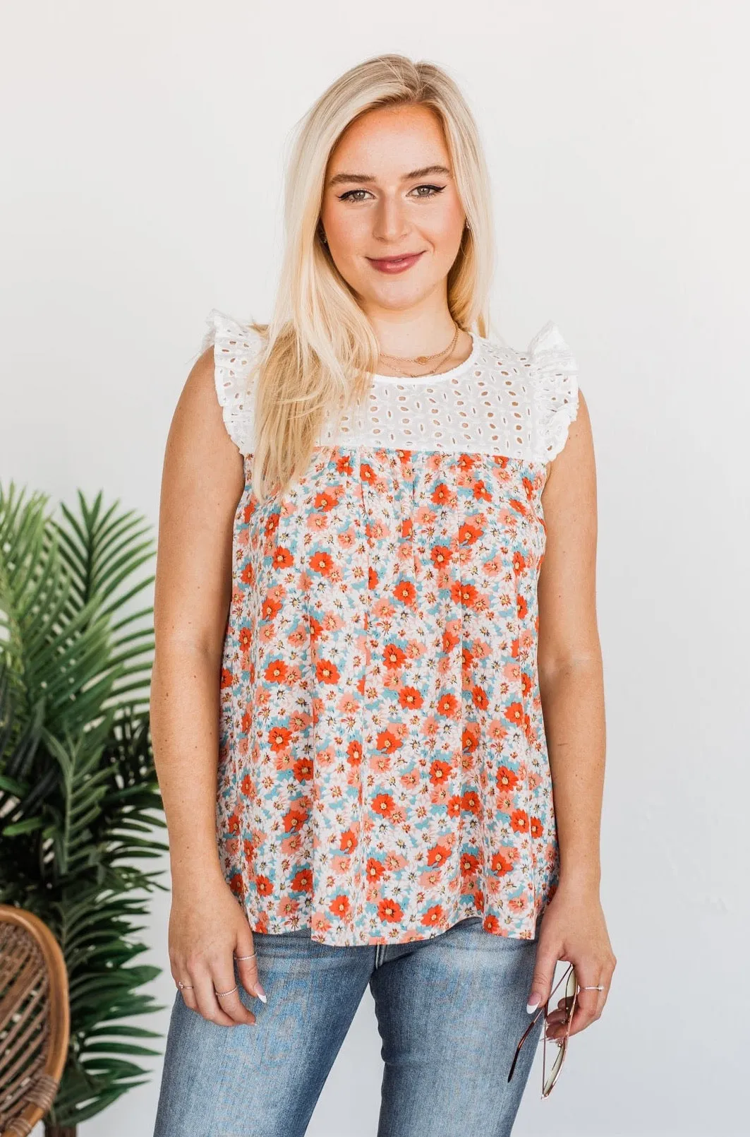 Fashionable In Floral Blouse Top- Coral & Ivory