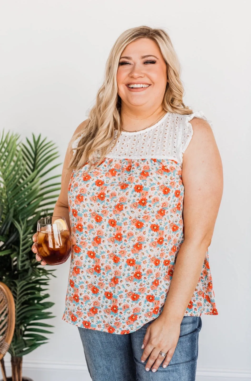 Fashionable In Floral Blouse Top- Coral & Ivory