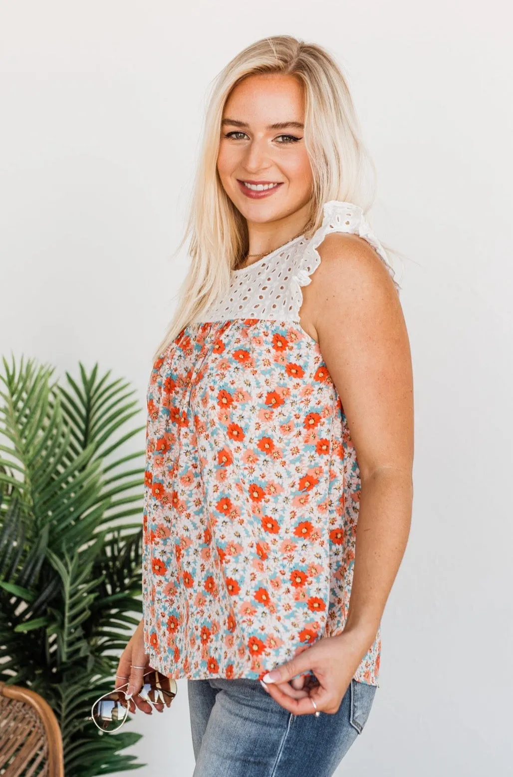 Fashionable In Floral Blouse Top- Coral & Ivory