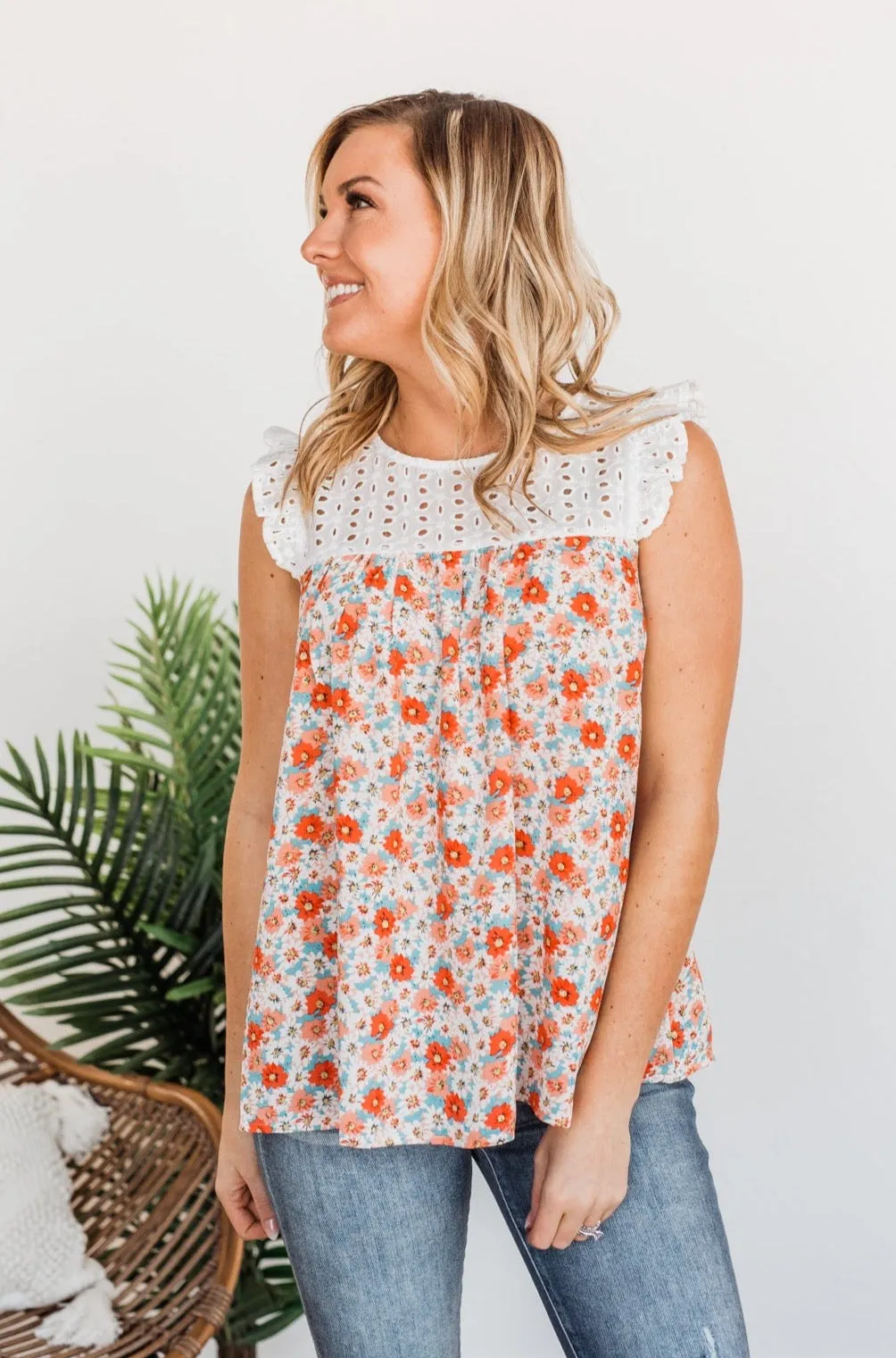 Fashionable In Floral Blouse Top- Coral & Ivory