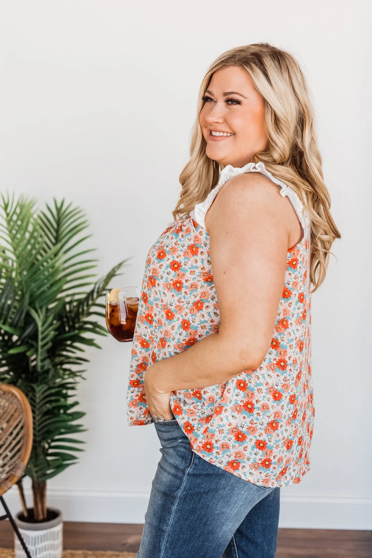 Fashionable In Floral Blouse Top- Coral & Ivory