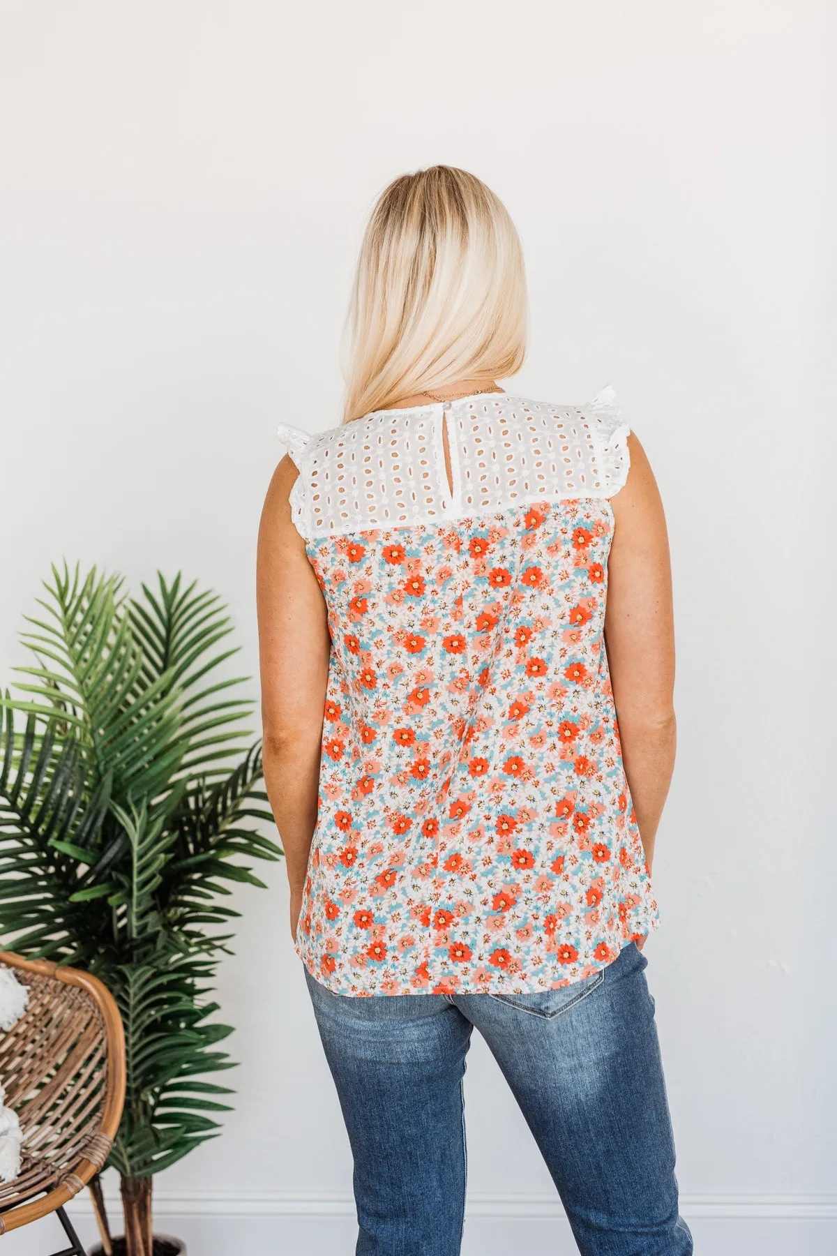 Fashionable In Floral Blouse Top- Coral & Ivory