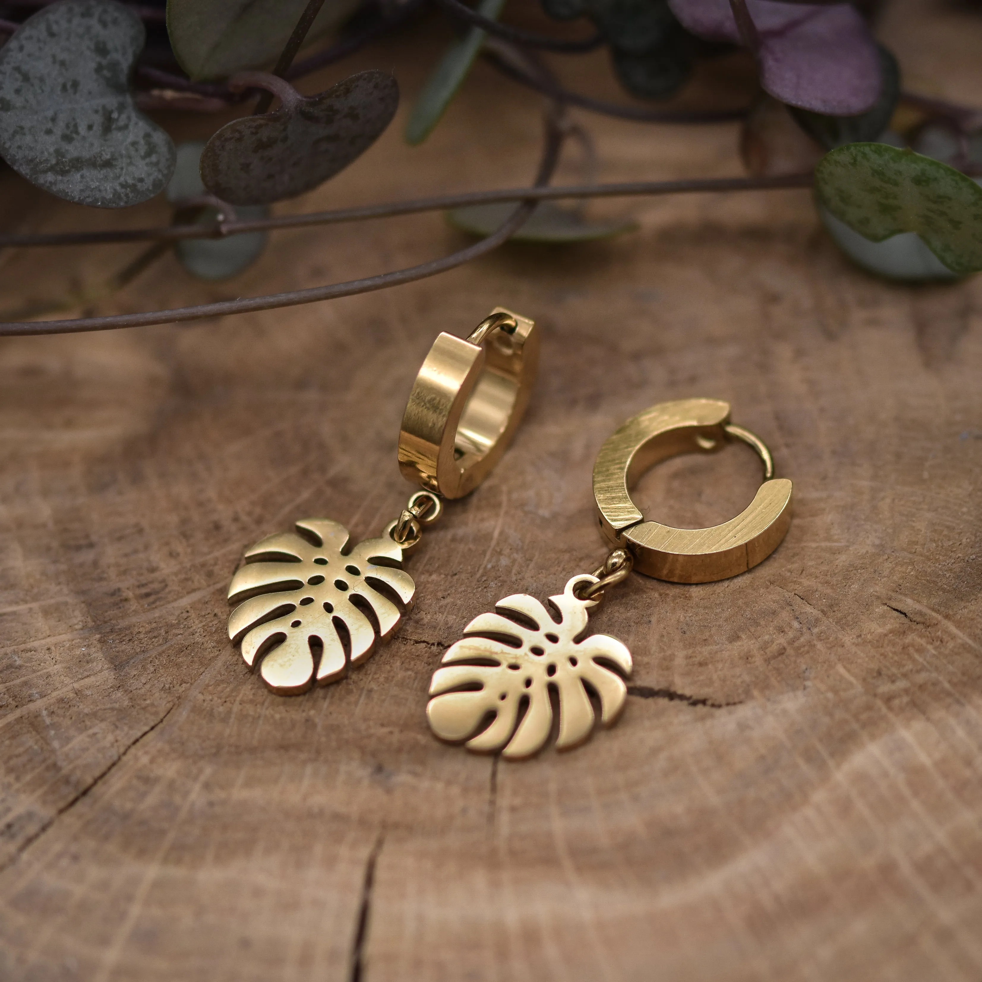 Golden Monstera Huggie Earrings