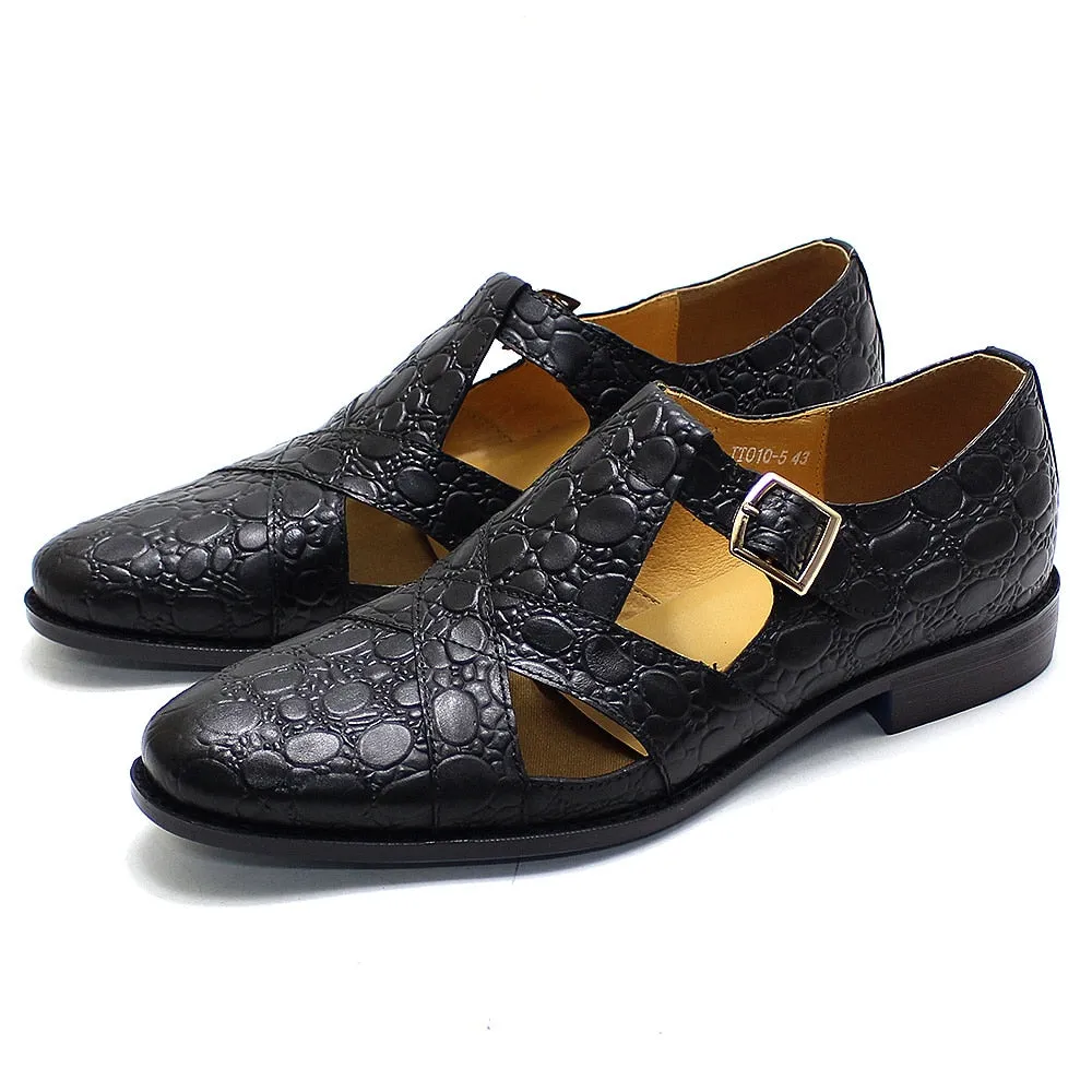 Handmade Men's Cow Leather Breathable Hollow Out Buckle Strap Dress Shoes