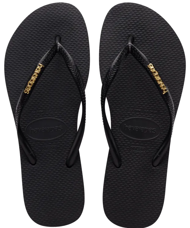 Havaianas Slim Logo Metallic Flip Flops - Black/Golden