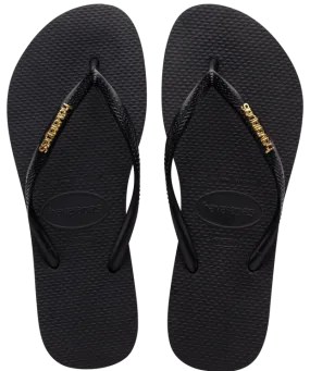 Havaianas Slim Logo Metallic Flip Flops - Black/Golden