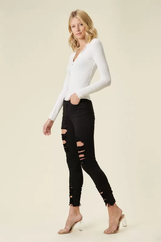 High Rise Distressed Skinny Pants With Raw Hem