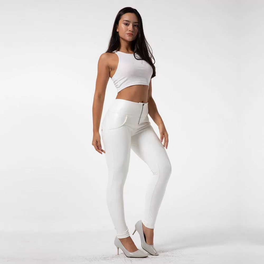 High-Waisted White Faux Leather Skinny Pants - Leather Look Fashion Leggings with Booty Lift Effect