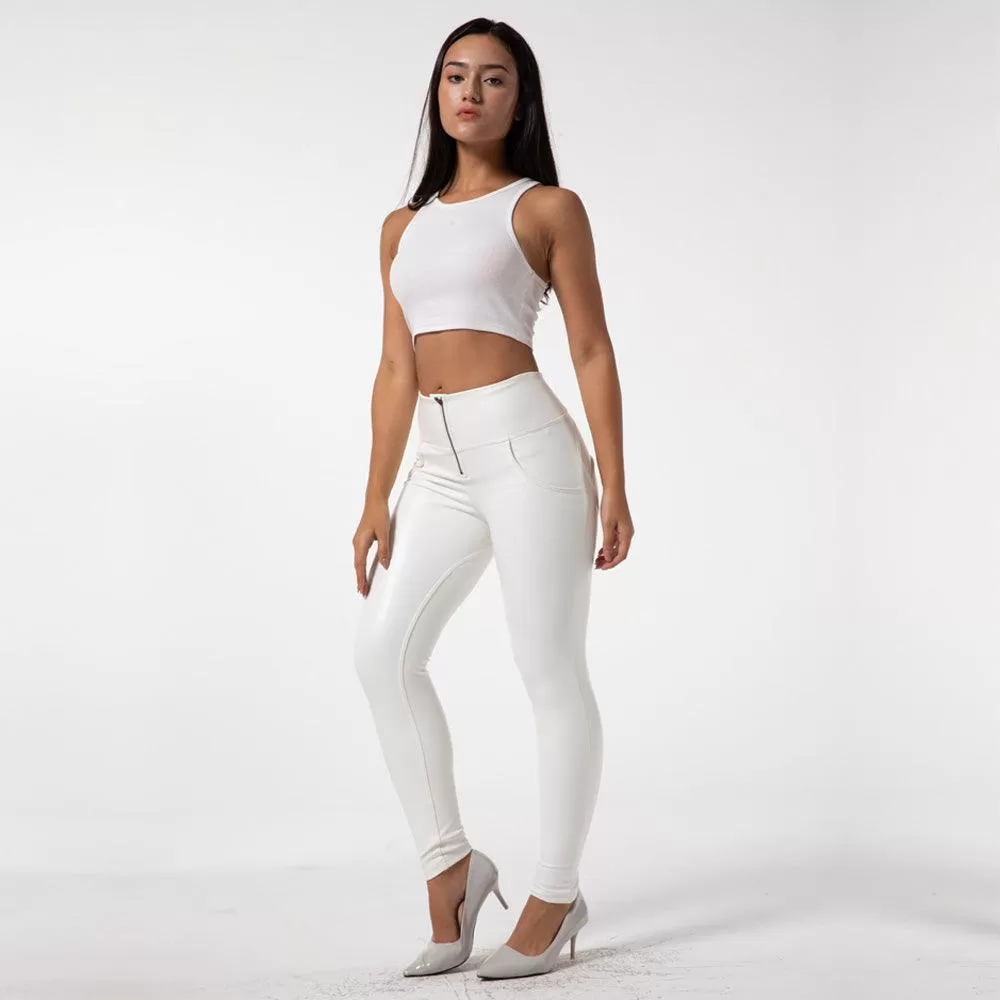 High-Waisted White Faux Leather Skinny Pants - Leather Look Fashion Leggings with Booty Lift Effect